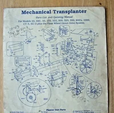 Mechanical Transplanter 22 22C 33 122 222 500 525 ~ Parts List Operators Manual • $7.99