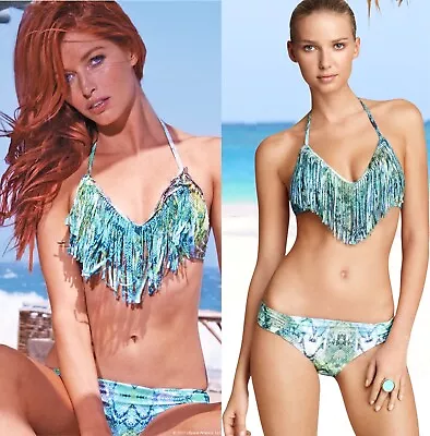 L Space Viridian Skin Fringe Audrey Halter Top & Bottom Swimsuit Bikini Set • $82.50