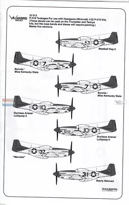 WBD32013 1:32 Warbird Decals - P-51D Mustang Tuskegee Airmen (HAS Kit) • $21.49