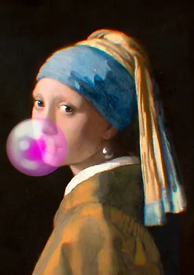 Girl With A Pearl Earring And Bubble Gum Funny Quirky Wall Art Poster Print Gift • £3.99