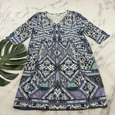 J Jill Midi Dress Size XL Blue White Floral Geometric Print 3/4 Sleeve Fit Flare • $29.99