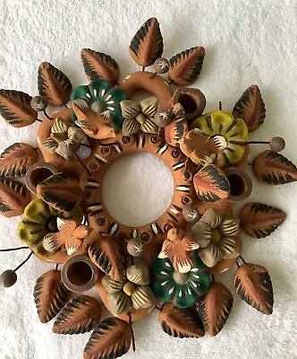 Folk Art Mexican Tree Of Life Terra Cotta Advent Wreath With Birds And Flowers • $75