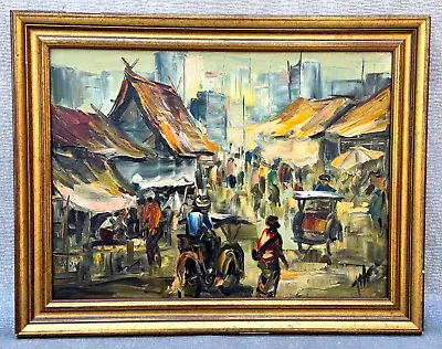 Vintage Signed Asian Oil Painting Chinese City Street Market Hong Kong China Art • $100