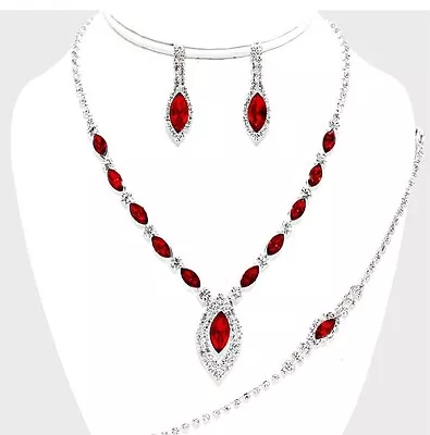 $15 • Buy Red Silver Crystal Rhinestone Formal Necklace Jewelry Wedding Set Earring Bridal