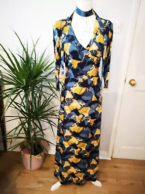 DU JOUR : Striking French Design Blue/Mustard Maxi Dress Size M - Ex. Con. L@@K! • £24.99