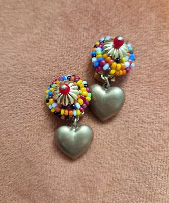 Vintage Clip On Earrings Tribal Boho Rainbow Beaded Dangle Heart Gold Tone 3.8cm • $1.23