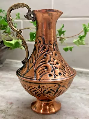 Antique Turkish Middle Eastern Hand Hammered & Etched Copper Pitcher Pot 6  • $34