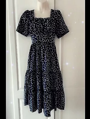 Shein Dress Size Medium UK 10 Black White Love Heart Print Dress 3/4 Length Slv • £6.99