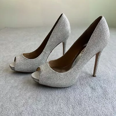 BADGLEY MISCHKA Josie Silver Diamond Drill Peep Toe Pumps Shoes 7.5 M • £56.76