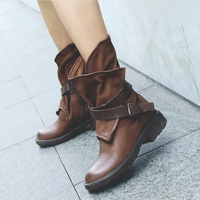 Retro Womens Mid-Calf Ankle Boots Low Heels Round Toe Western Winter Buckle Shoe • $73.91