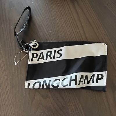 Longchamp Le Pliage Top Zip Logo Cosmetic Pouch Phone Nylon Wristlet Black White • $35