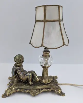 Vintage Art Nouveau Cherub L & L WMC Loevsky Small Brass Lamp Oyster Shell Shade • $89.99