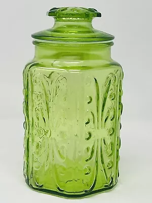 Vtg LE Smith Imperial Atterbury Scroll Green Glass Canister Apothecary Jar 9  2 • $26.69