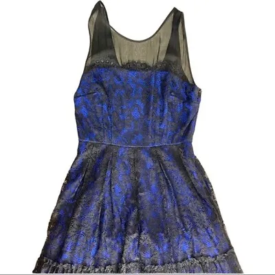 Moulinette Soeurs Blue Black Lacy Dress 1/2 Zip Dress Sz 4 Lined 100% Silk Trim • $16.99