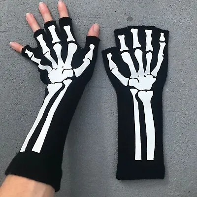 Mens Black Skeleton Fingerless Gloves White Bone Knit Wrist Length Biker Skull • $24