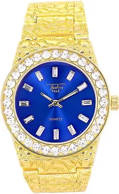 MEN Iced Watch Bling Rapper Simulate Lab Diamond Gold Blue Metal Band Luxury Hot • $24.98