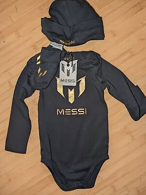 Messi Football Baby Grow Romper Messi Hat Mittens New Black Gold Long Sleeved • $24.85