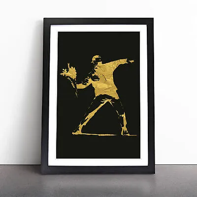 Banksy In Black Gold Flower Thrower Wall Art Print Framed Canvas Picture Poster • £24.95