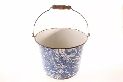 Antique Blue Swirl Enamel Graniteware Bucket With Wood  Bail Handle • $49