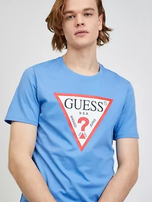 GUESS Men's T Shirt M1RI71 I3Z11  Front Logo Triangle Slim Fit Light Blue White • £32.99