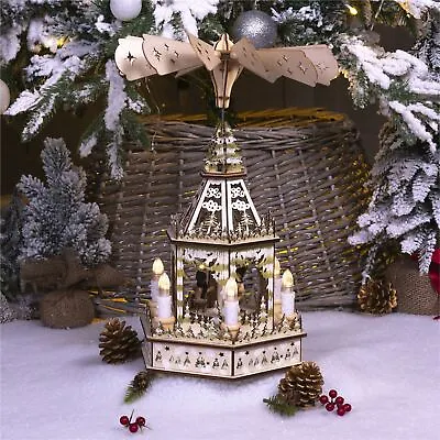 Traditional German Spinning Christmas Nativity Pyramid 6 LED Light Wooden Décor • £34.92
