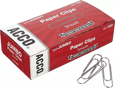 ACCO Paper Clips Jumbo Smooth 100 Clips/Box 1 Box (72580) • $6.79