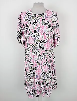 Women's M&S Dress White Pink Purple Leopard Print Round Neck Puff Sleeve NWOT F2 • £11.99