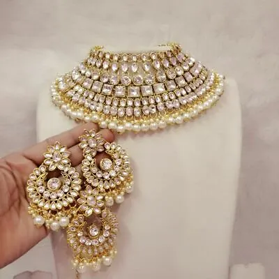 Indian Bollywood Style White Pearl Kundan Gold Fashion Bridal Necklace Set • $19.24
