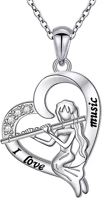 925 Sterling Silver Engraved I Love Music Girl Playing Flute Pendant Necklace • $98.95