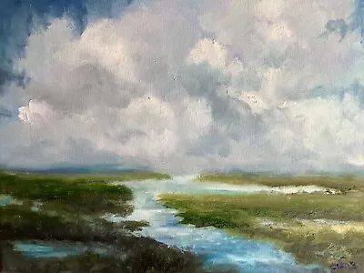 New Original Signed Oil Painting Realism LowCountry Tidal Creek Marsh Landscape  • $98