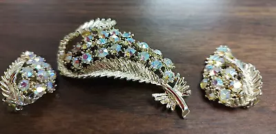 Vtg BSK Rhinestone Leaf Iridescent Brooch Clip Earrings Signed Beautiful! • $25