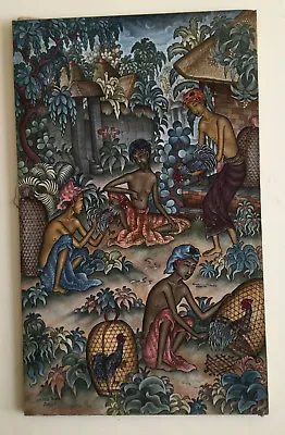  Balinese Artist Signed  Painting  Ubud Bali Cock Fight Rare 1960s Original • $1429.85