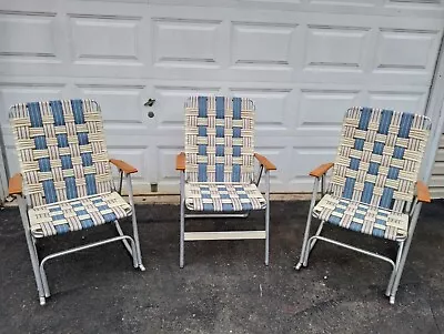 3 Vintage LawnChairs Webbed Aluminum Vinyl Tubing 2 Rockers 1 Chair Wood Armrest • $125