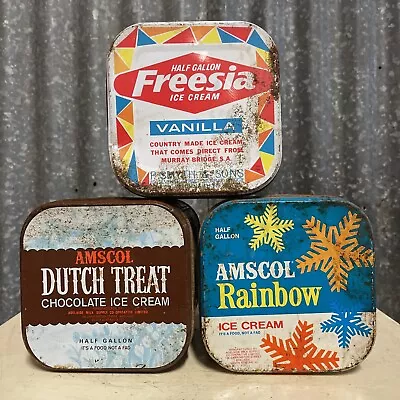 3 X Freesia & Amscol Vintage South Aussie Ice Cream Tins Half Gallon Adelaide • $67.90