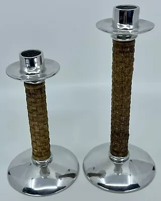 Set Of 2 Mariposa Mexico Silver Brown Basket Weave Candle Stick Holders • $19.85