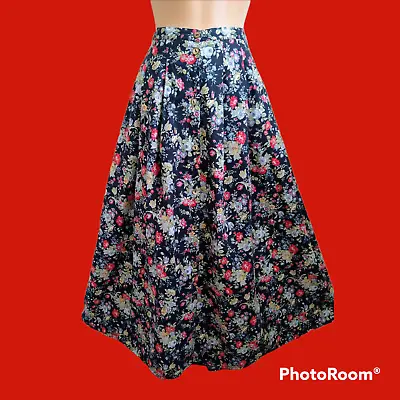 Vintage Laura Ashley Cotton Long Button Up Navy Floral Skirt Small 12 • £19.99
