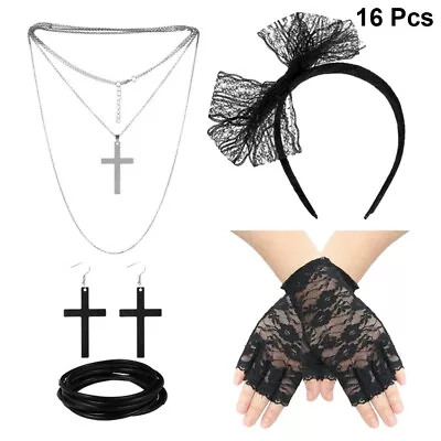 16 Pcs 80s Necklace Black Lace Headband 80s Fancy Dress Costume • $13.29