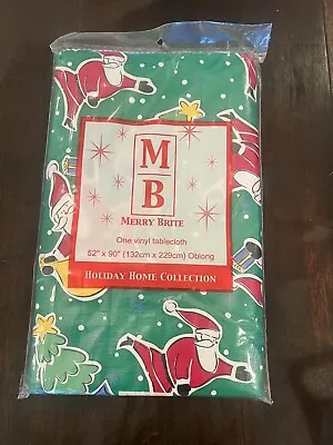 Vintage Merry Brite Christmas Vinyl Tablecloth Oblong 52  X 90” Santa • $14.99
