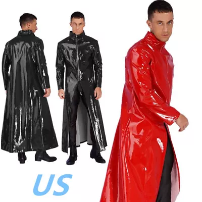 US Mens Shiny Faux Leather Cloak Coat Long Sleeve Turtleneck Trench Coat Jacket • $18.99