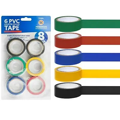 6 Pack Of PVC Electrical Insulation Tape In Red Blue Green Red Yellow And Black • £4.25