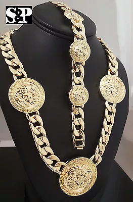 Gold Plated Alloy Icy Medusa Head Medallion Cuban Link Chain Necklace & Bracelet • $18.99