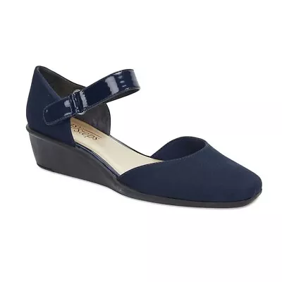 EASY STEPS Size 8C Mary Jane Sandals Low Wedge Heel Comfort Shoes Navy Blue • £36.57