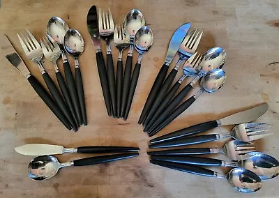 MCM Electra Stainless Flatware Black Handle Four 5-pc Settings Japan Mid-Century • $75