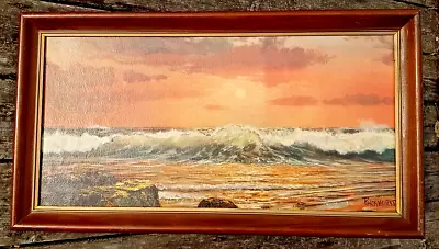 Art Painting VIOLET PARKHURST  Golden Sunset  Textured Print 1960's 14X26 Framed • $125