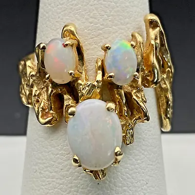 14k Vintage Three Opal Brutalist Ring SIGNED • $565