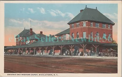 Middletown NY - PEOPLE WAITING AT O&W RAILROAD STATION FROM TRACKS - Postcard • $10