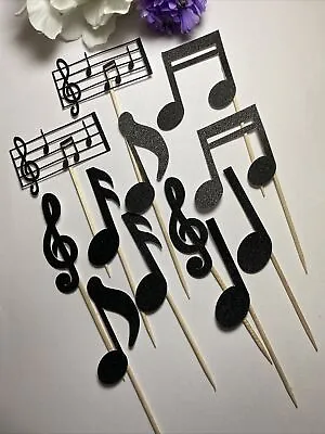 12 Black Music Note Cupcake Pick Toppers Non Edible Music Toppers Cupcake Decor • £3.59