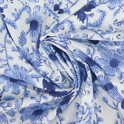 Indian Block Printed Blue Garden 100%Cotton & Voile Women Dress Fabric Cloth • £8.99