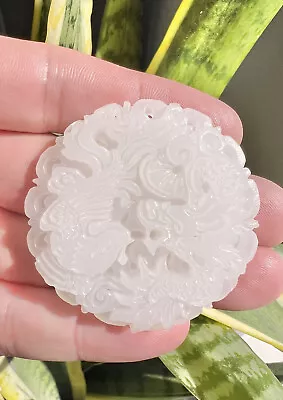 Antique Chinese Carved Dragon Disk Mutton Fat White Celadon Hetian Jade Pendant • $695