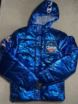 Champion 1919 Life MCMXIX Patches Metallic Blue Jacket NASA Men's Size XSmall • $104